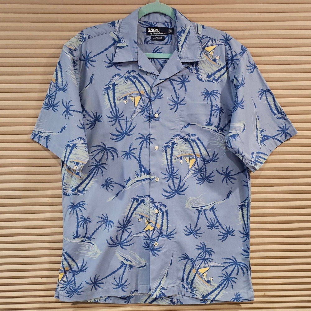 Polo Ralph Lauren Clayton Mens Small Blue Tropical Palm Sailboat Camp Shirt
